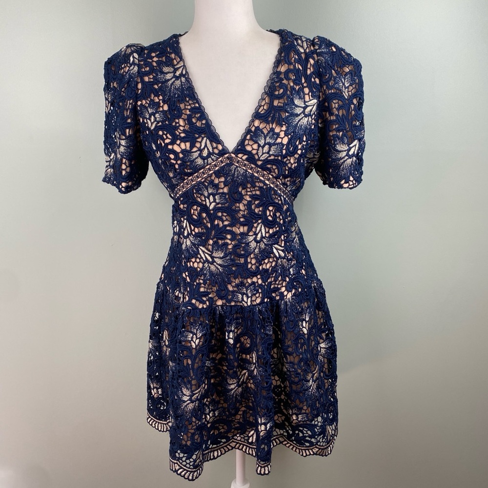 Adelyn Rae Navy blue Tanya puff sleeve 3D lace mini dress, wedding guest dress M